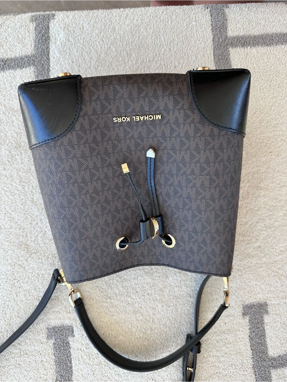 Michael Kors Brown Monogram Drawstring Shoulder Bag with Black Trim